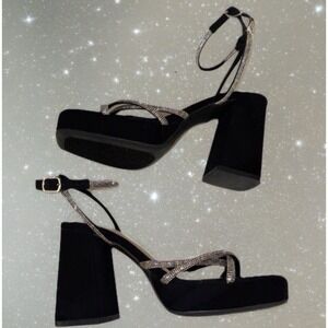 TOP MODA Comfort Black Suede Rhinestone Platform Block Heels Ankle Strap Sandals